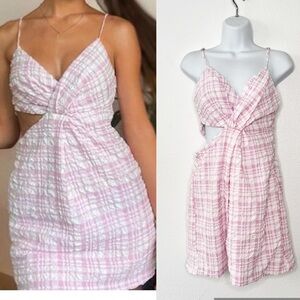 Zara Pink Gingham Textured Cut Out Plaid V Neck Stretch Summer Dress Medium NEW